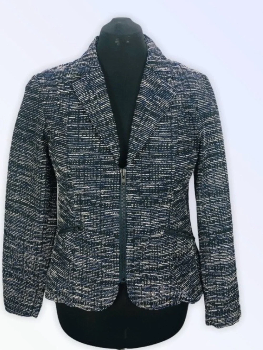 CAbi Navy and Gray Tweed Zip-Front Blazer - Picture 2 of 4